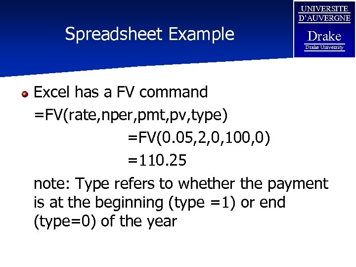 Spreadsheet Example UNIVERSITE D’AUVERGNE Drake University Excel has a FV command =FV(rate, nper, pmt,