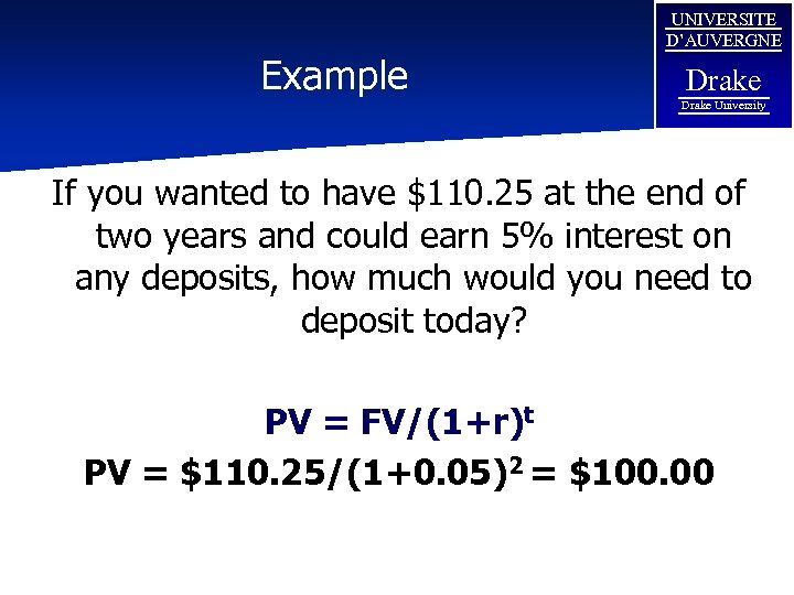 Example UNIVERSITE D’AUVERGNE Drake University If you wanted to have $110. 25 at the