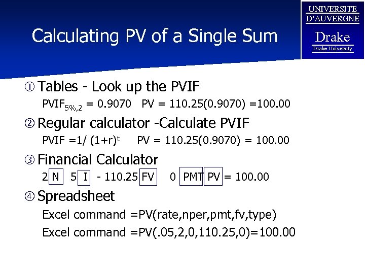 UNIVERSITE D’AUVERGNE Calculating PV of a Single Sum Tables - Look up the PVIF