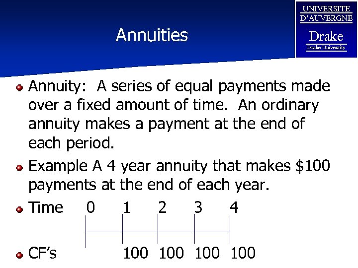 UNIVERSITE D’AUVERGNE Annuities Drake University Annuity: A series of equal payments made over a