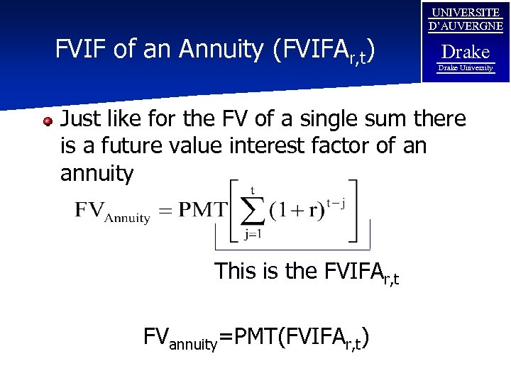 FVIF of an Annuity (FVIFAr, t) UNIVERSITE D’AUVERGNE Drake University Just like for the