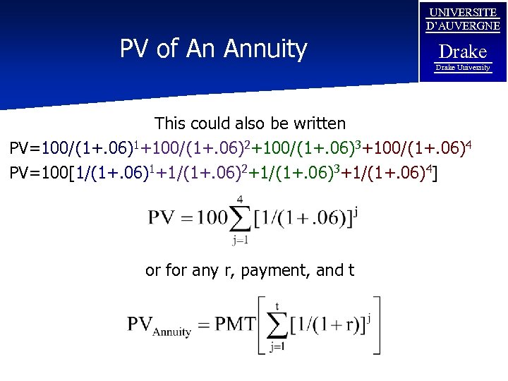 PV of An Annuity UNIVERSITE D’AUVERGNE Drake University This could also be written PV=100/(1+.