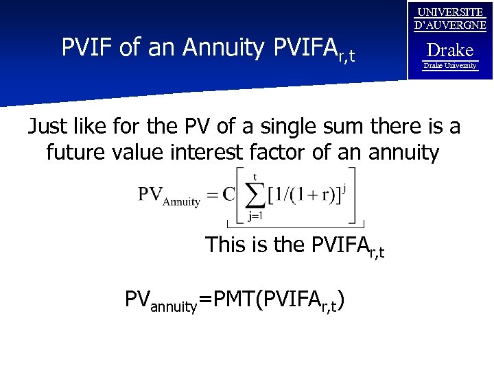 PVIF of an Annuity PVIFAr, t UNIVERSITE D’AUVERGNE Drake University Just like for the