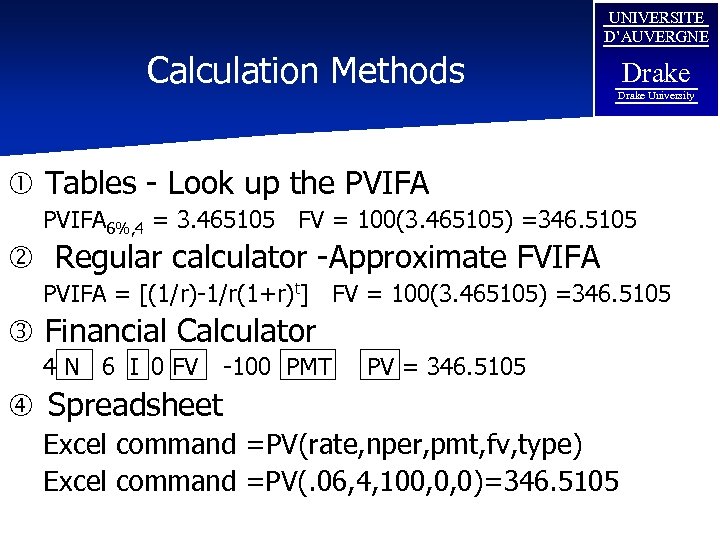 UNIVERSITE D’AUVERGNE Calculation Methods Drake University Tables - Look up the PVIFA 6%, 4
