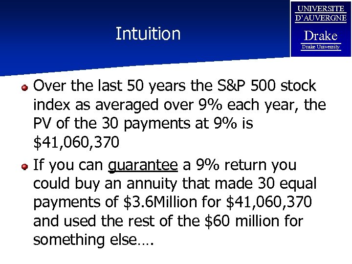 Intuition UNIVERSITE D’AUVERGNE Drake University Over the last 50 years the S&P 500 stock