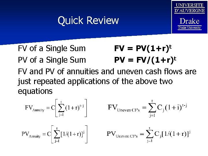 UNIVERSITE D’AUVERGNE Quick Review Drake University FV of a Single Sum FV = PV(1+r)t
