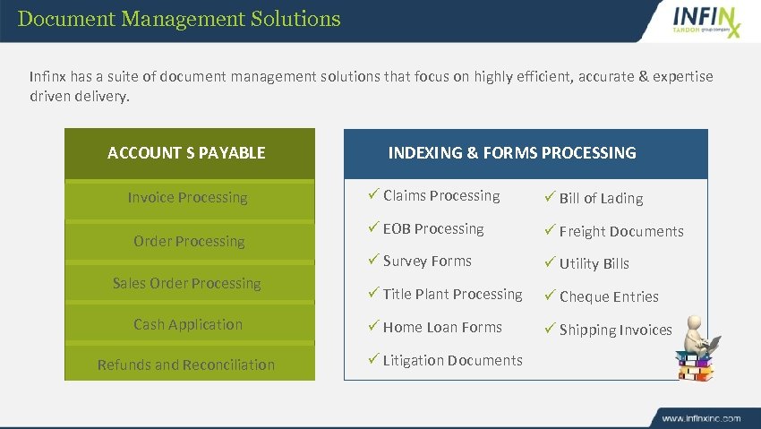 Document Management Solutions Infinx has a suite of document management solutions that focus on