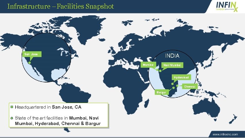 Infrastructure –Facilities Snapshot Headquartered in San Jose, CA State of the art facilities in