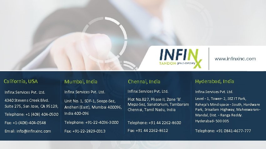 California, USA Mumbai, India Chennai, India Hyderabad, India Infinx Services Pvt. Ltd. 4340 Stevens