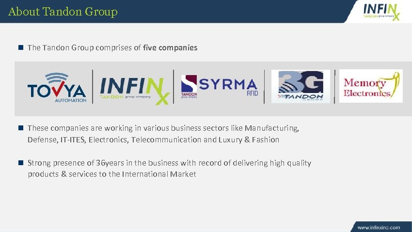 About Tandon Group n The Tandon Group comprises of five companies n These companies