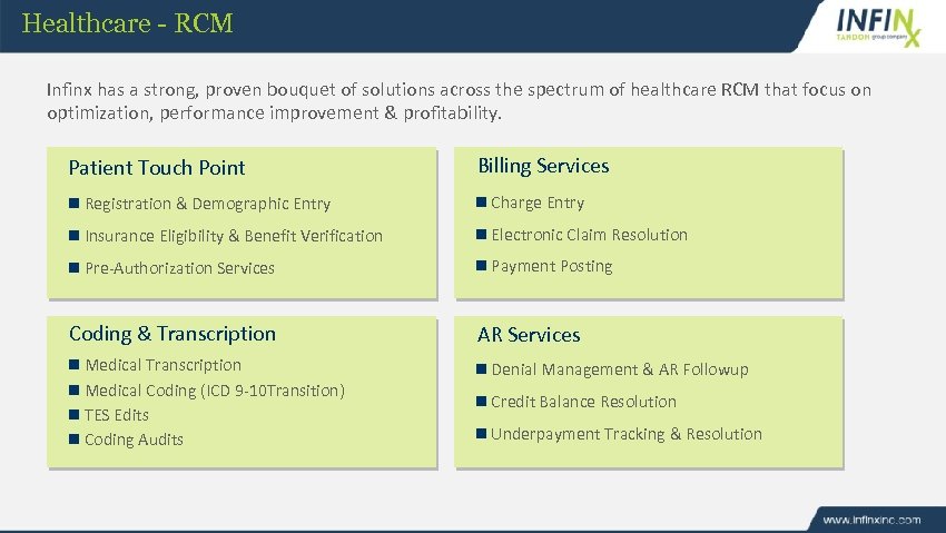 Healthcare - RCM Infinx has a strong, proven bouquet of solutions across the spectrum