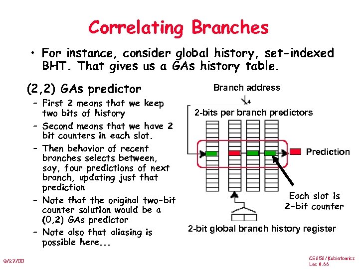 Correlating Branches • For instance, consider global history, set-indexed BHT. That gives us a