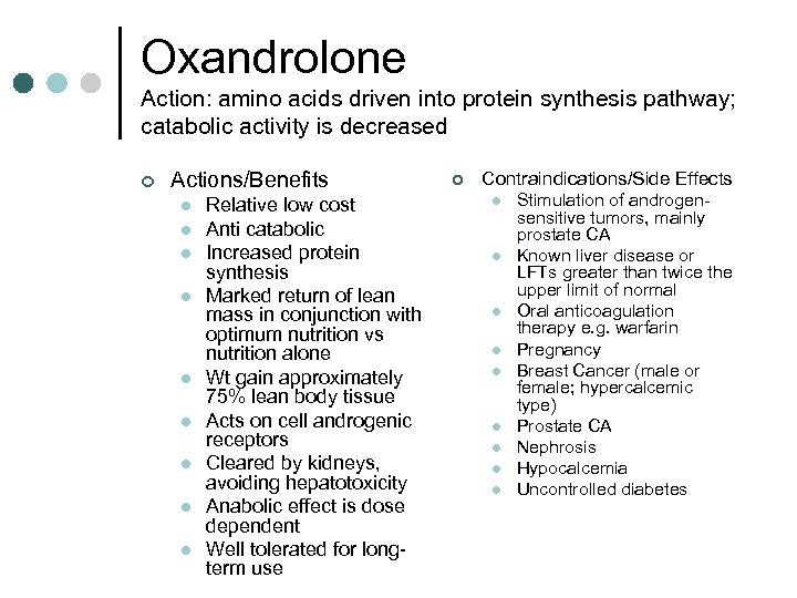 Oxandrolone Action: amino acids driven into protein synthesis pathway; catabolic activity is decreased ¢