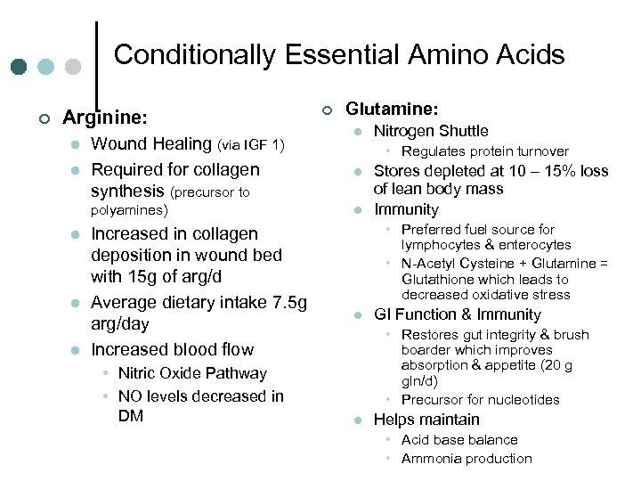 Conditionally Essential Amino Acids ¢ Arginine: l l Wound Healing (via IGF 1) Required