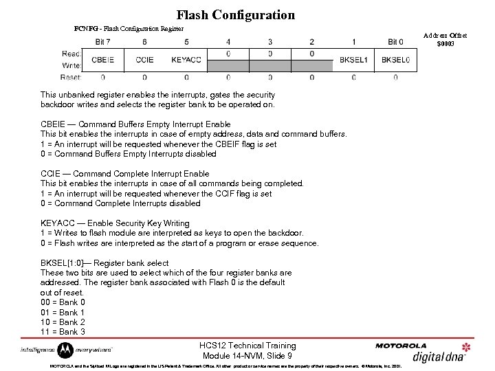 Flash Configuration FCNFG - Flash Configuration Register Address Offset $0003 This unbanked register enables