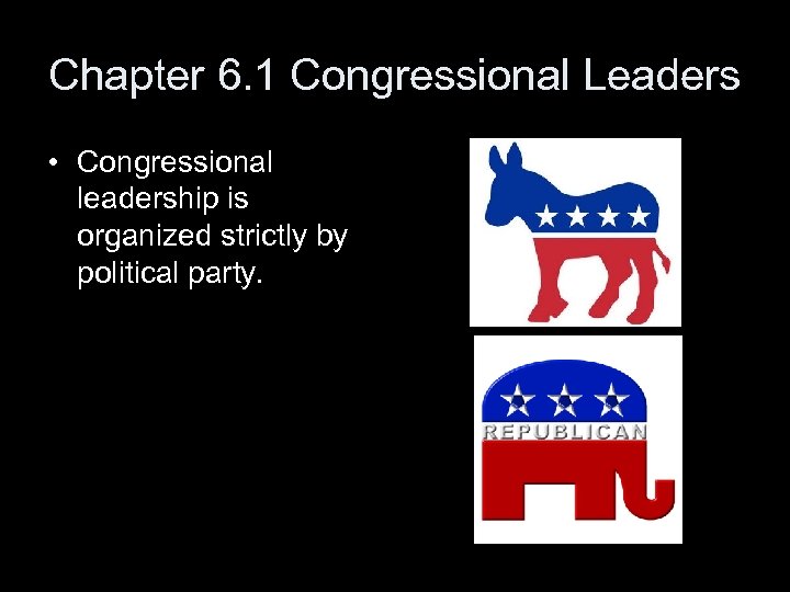 Chapter 6. 1 Congressional Leaders • Congressional leadership is organized strictly by political party.