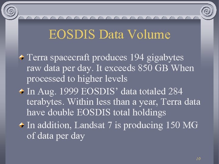 EOSDIS Data Volume Terra spacecraft produces 194 gigabytes raw data per day. It exceeds