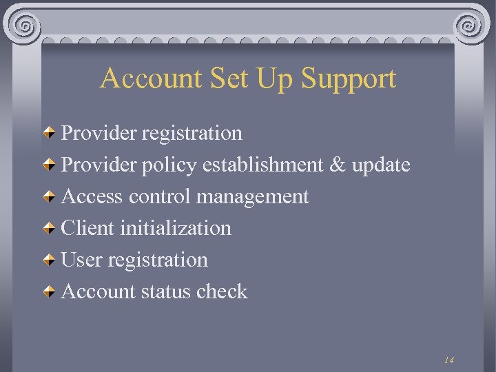 Account Set Up Support Provider registration Provider policy establishment & update Access control management