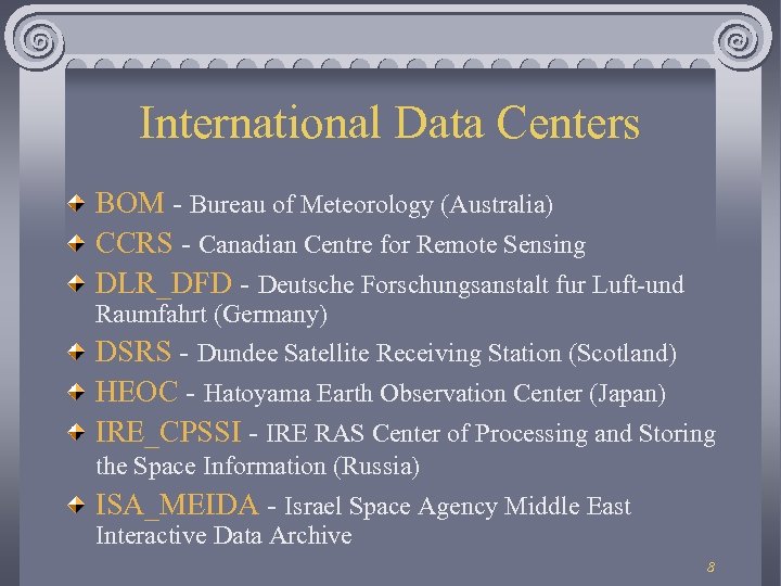 International Data Centers BOM - Bureau of Meteorology (Australia) CCRS - Canadian Centre for