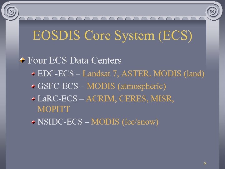 EOSDIS Core System (ECS) Four ECS Data Centers EDC-ECS – Landsat 7, ASTER, MODIS
