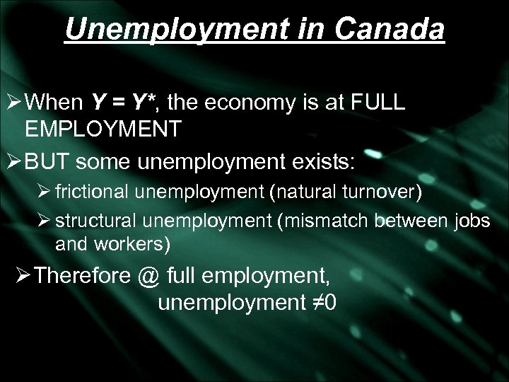 Unemployment in Canada Ø When Y = Y*, the economy is at FULL EMPLOYMENT