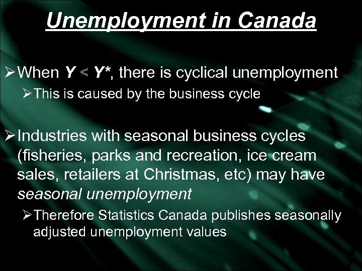 Unemployment in Canada Ø When Y < Y*, there is cyclical unemployment ØThis is