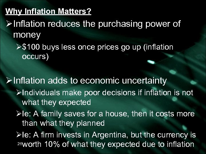 Why Inflation Matters? Ø Inflation reduces the purchasing power of money Ø$100 buys less