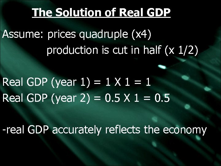 The Solution of Real GDP Assume: prices quadruple (x 4) production is cut in