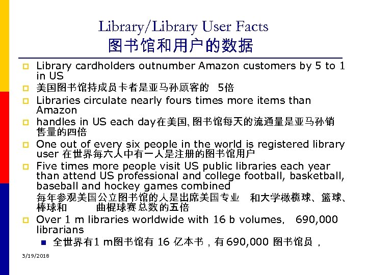Library/Library User Facts 图书馆和用户的数据 p p p p Library cardholders outnumber Amazon customers by