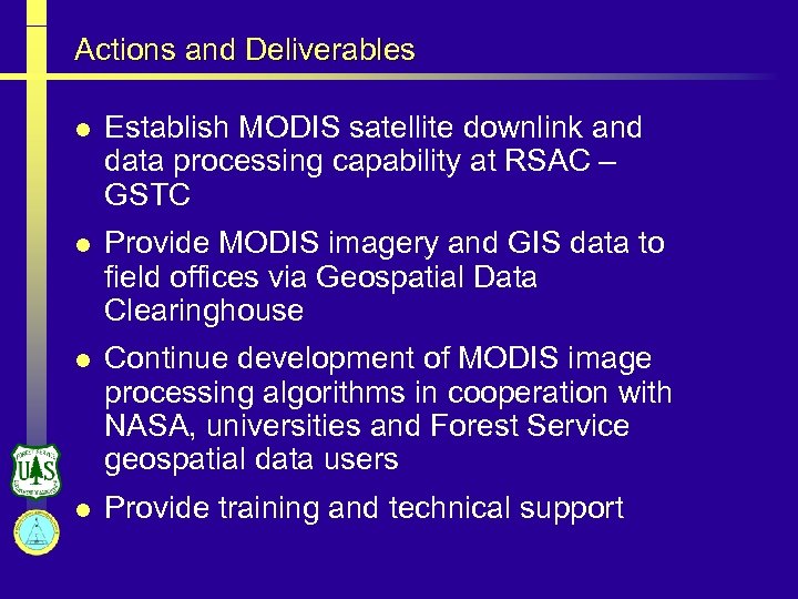 Actions and Deliverables l Establish MODIS satellite downlink and data processing capability at RSAC
