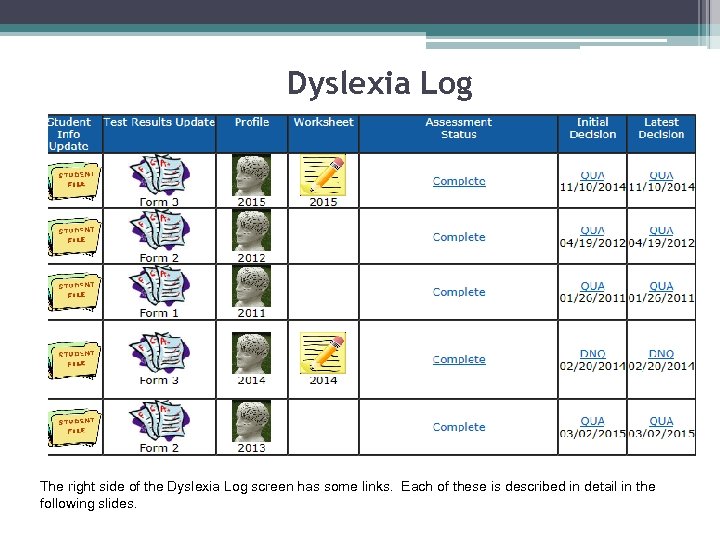 Dyslexia Log The right side of the Dyslexia Log screen has some links. Each