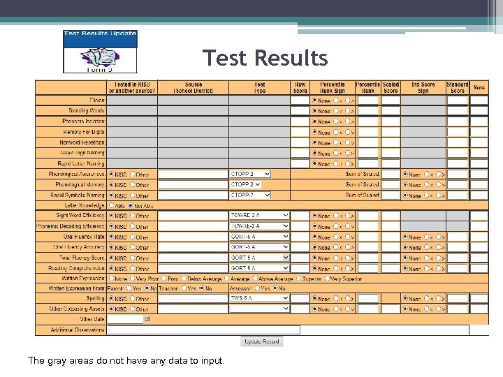 Test Results The gray areas do not have any data to input. 