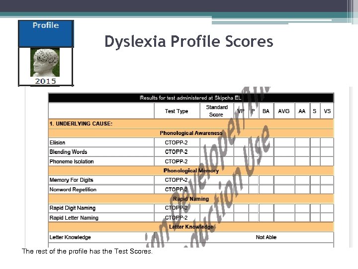 Dyslexia Profile Scores The rest of the profile has the Test Scores. 