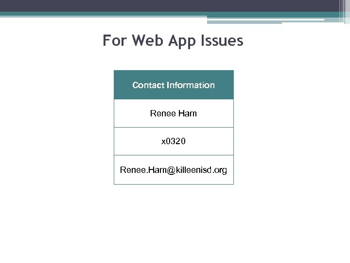 For Web App Issues Contact Information Renee Ham x 0320 Renee. Ham@killeenisd. org 