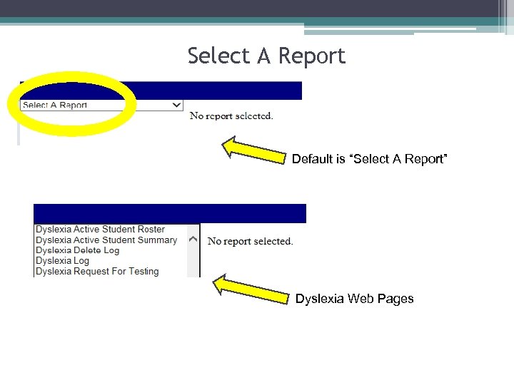 Select A Report Default is “Select A Report” Dyslexia Web Pages 