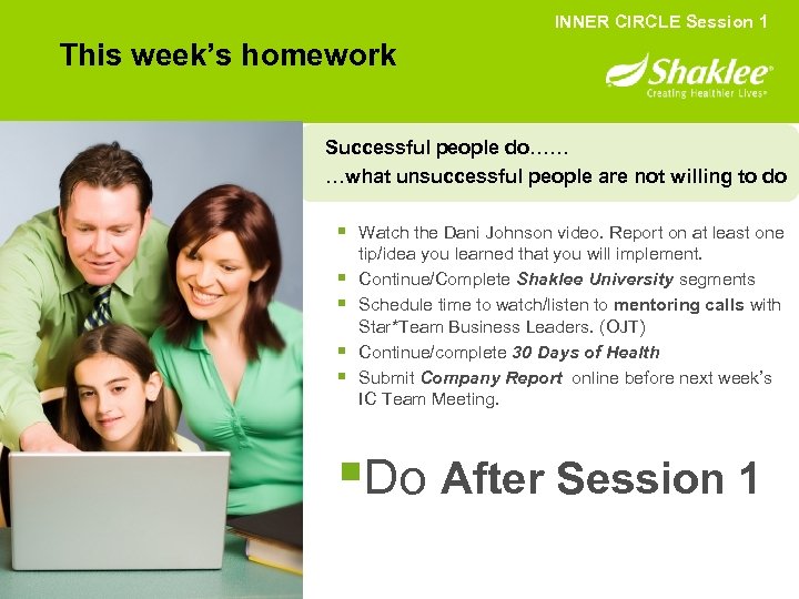 INNER CIRCLE Session 1 This week’s homework Successful people do…… …what unsuccessful people are