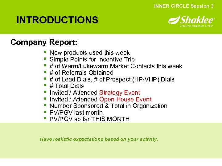 INNER CIRCLE Session 3 INTRODUCTIONS Company Report: § New products used this week §