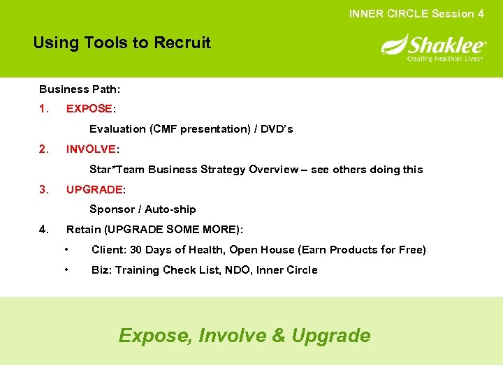 INNER CIRCLE Session 4 Using Tools to Recruit Business Path: 1. EXPOSE: Evaluation (CMF