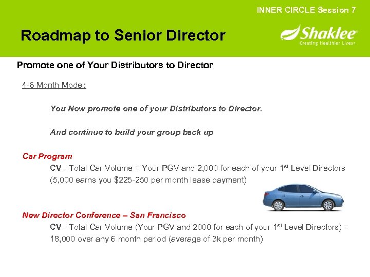 INNER CIRCLE Session 7 Roadmap to Senior Director Promote one of Your Distributors to
