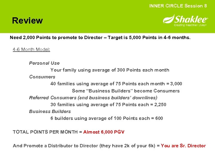 INNER CIRCLE Session 8 Review Need 2, 000 Points to promote to Director –