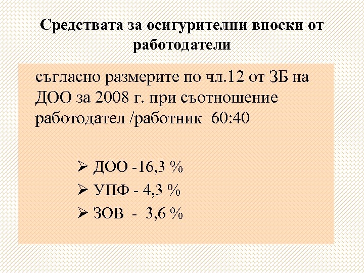 Средствата за осигурителни вноски от работодатели съгласно размерите по чл. 12 от ЗБ на