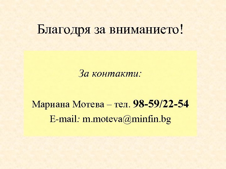 Благодря за вниманието! За контакти: Мариана Мотева – тел. 98 -59/22 -54 Е-mail: m.