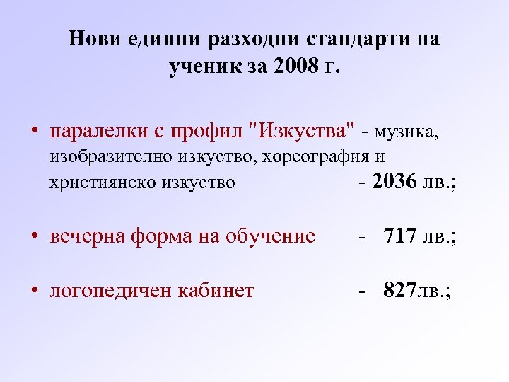 Нови единни разходни стандарти на ученик за 2008 г. • паралелки с профил "Изкуства"
