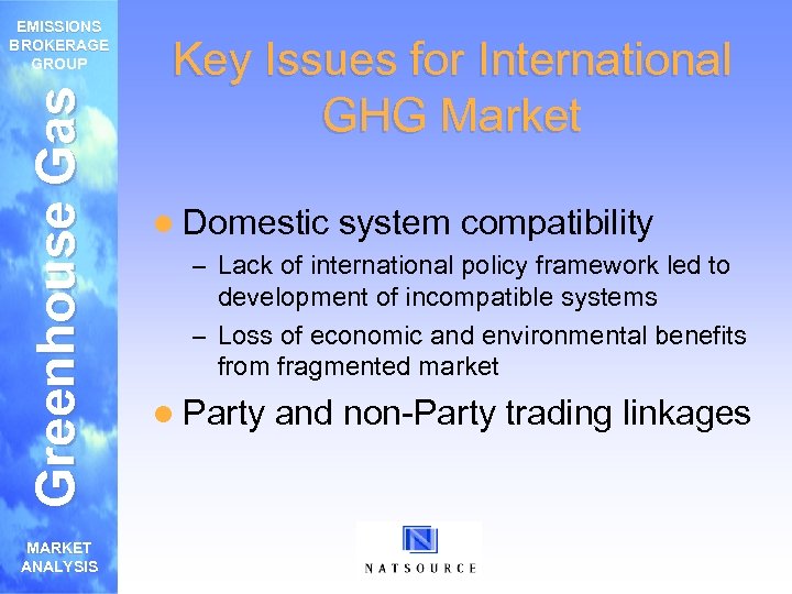 Greenhouse Gas EMISSIONS BROKERAGE GROUP MARKET ANALYSIS Key Issues for International GHG Market l
