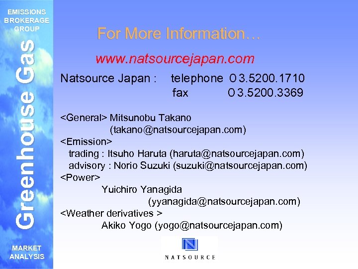 Greenhouse Gas EMISSIONS BROKERAGE GROUP MARKET ANALYSIS For More Information… www. natsourcejapan. com Natsource