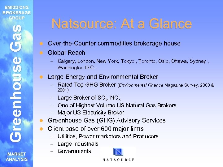 Greenhouse Gas EMISSIONS BROKERAGE GROUP MARKET ANALYSIS Natsource: At a Glance l Over-the-Counter commodities