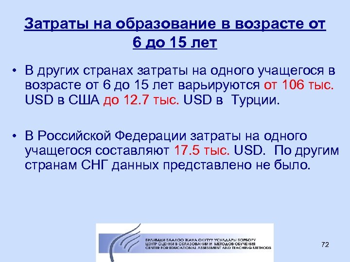Затраты на образование в возрасте от 6 до 15 лет • В других странах