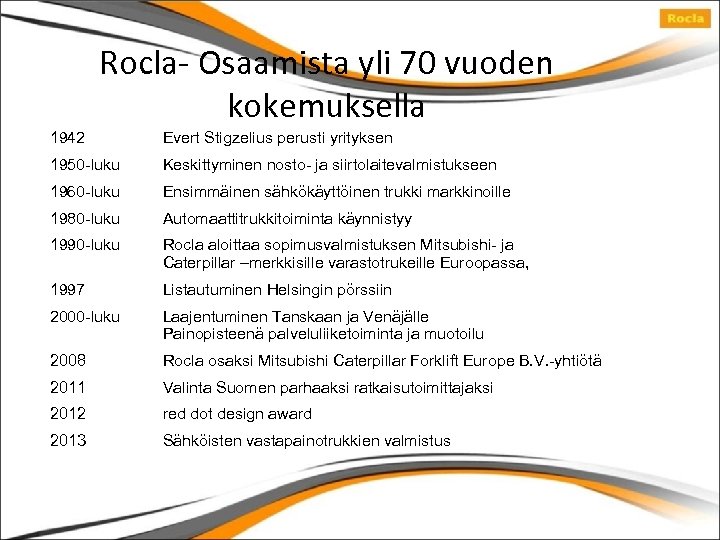 Rocla- Osaamista yli 70 vuoden kokemuksella 1942 Evert Stigzelius perusti yrityksen 1950 -luku Keskittyminen