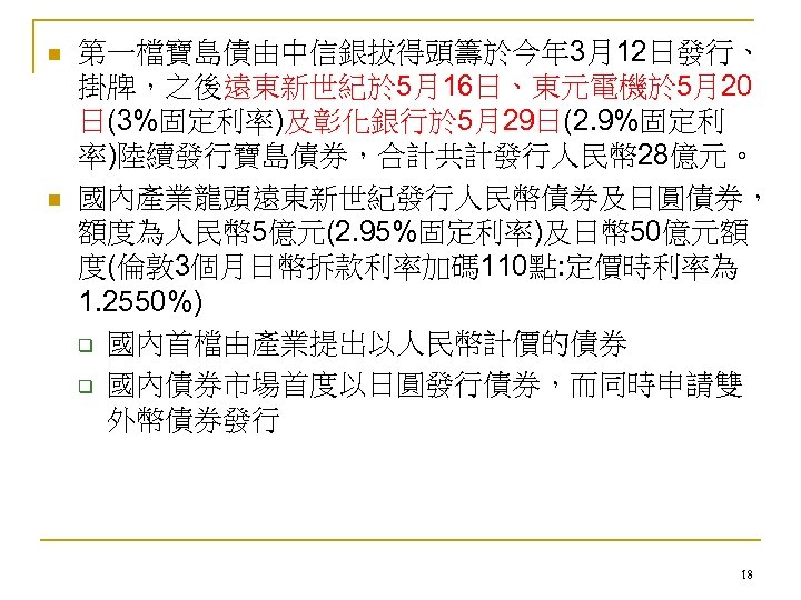 n n 第一檔寶島債由中信銀拔得頭籌於今年 3月12日發行、 掛牌，之後遠東新世紀於 5月16日、東元電機於 5月20 日(3%固定利率)及彰化銀行於 5月29日(2. 9%固定利 率)陸續發行寶島債券，合計共計發行人民幣 28億元。 國內產業龍頭遠東新世紀發行人民幣債券及日圓債券， 額度為人民幣
