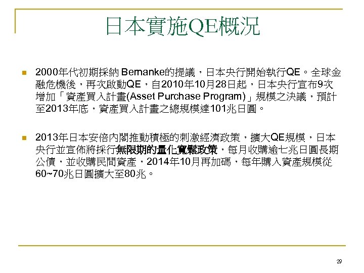 日本實施QE概況 n 2000年代初期採納 Bernanke的提議，日本央行開始執行QE。全球金 融危機後，再次啟動QE，自 2010年 10月28日起，日本央行宣布9次 增加「資產買入計畫(Asset Purchase Program)」規模之決議，預計 至 2013年底，資產買入計畫之總規模達 101兆日圓。 n